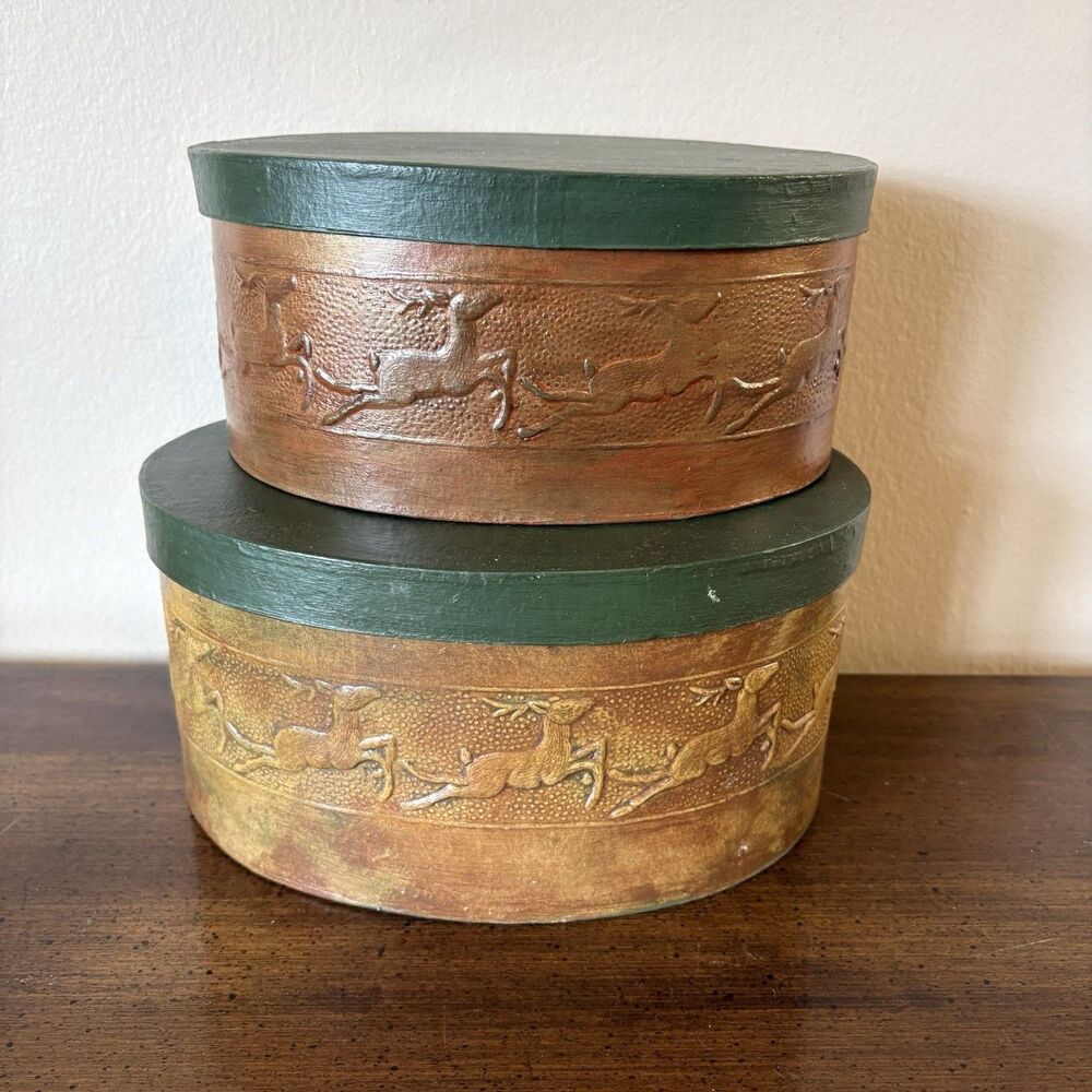 Vintage Hand Painted Embossed Nesting Oval Boxes With Lids Reindeer Christmas